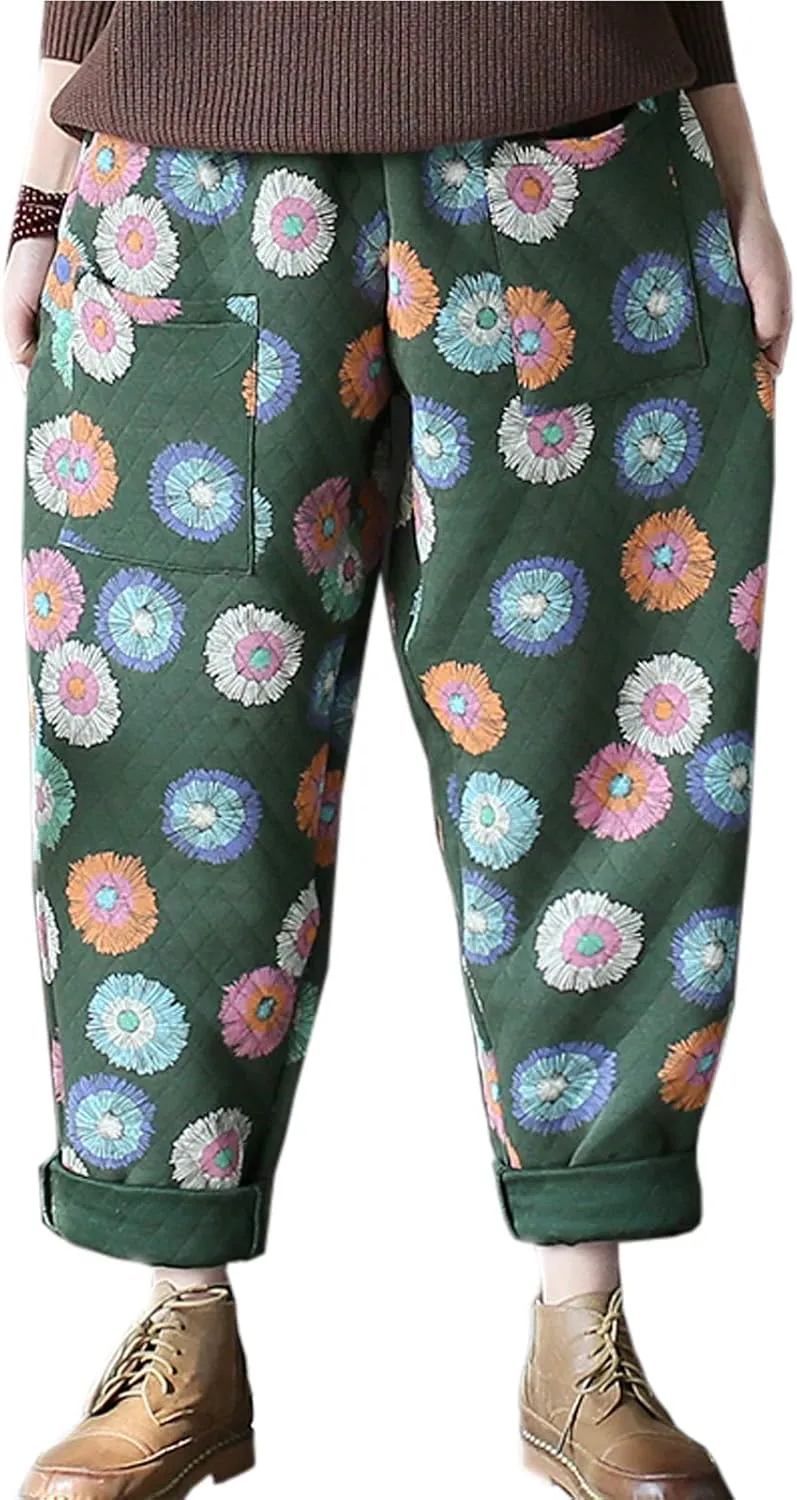 Flygo Womens High Waisted Floral Printed Loose Cropped Harem Pants