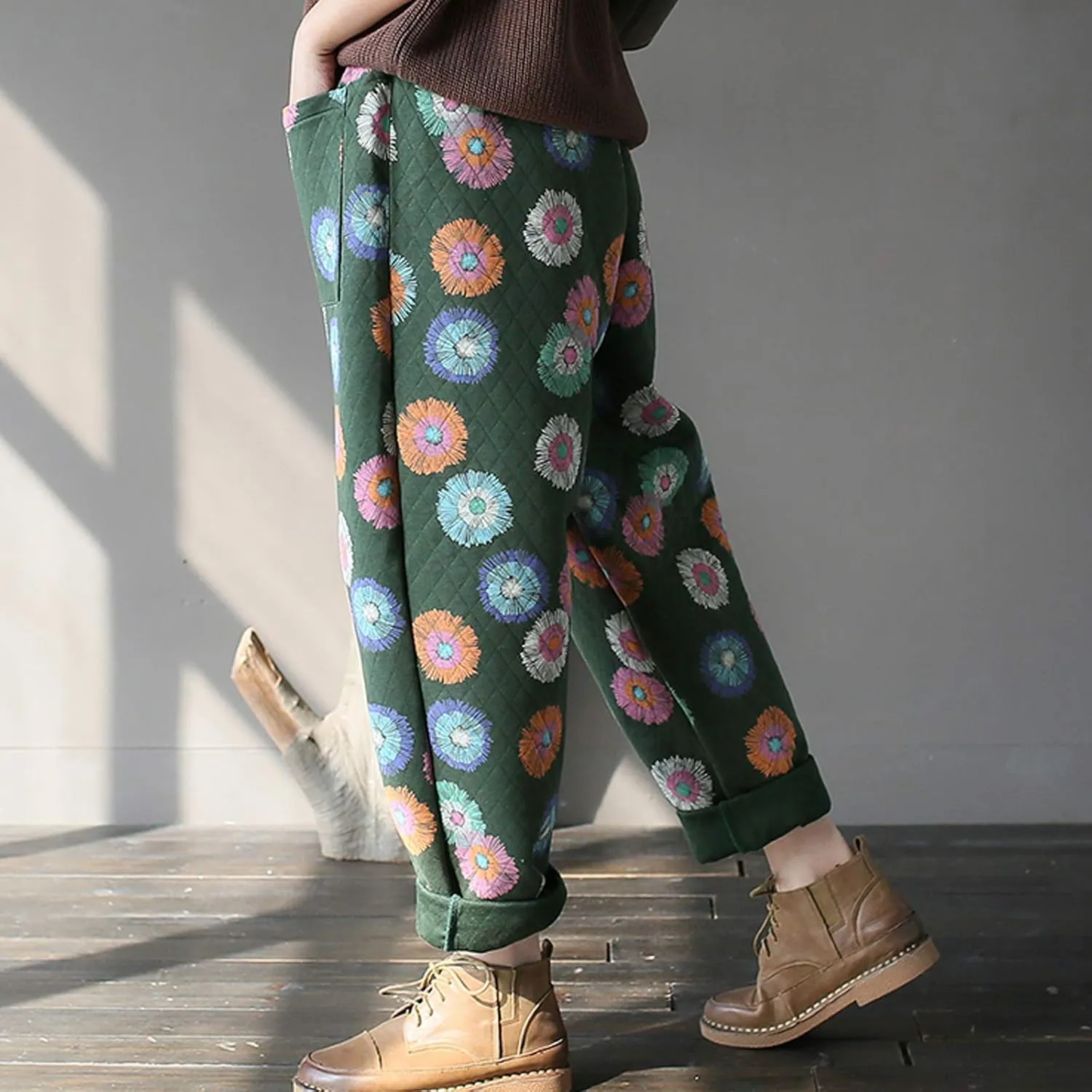 Flygo Womens High Waisted Floral Printed Loose Cropped Harem Pants