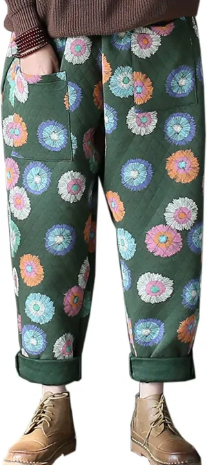 Flygo Womens High Waisted Floral Printed Loose Cropped Harem Pants