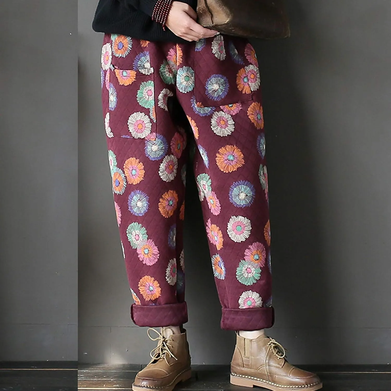 Flygo Womens High Waisted Floral Printed Loose Cropped Harem Pants