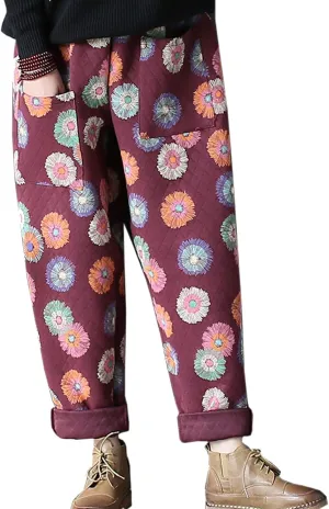 Flygo Womens High Waisted Floral Printed Loose Cropped Harem Pants