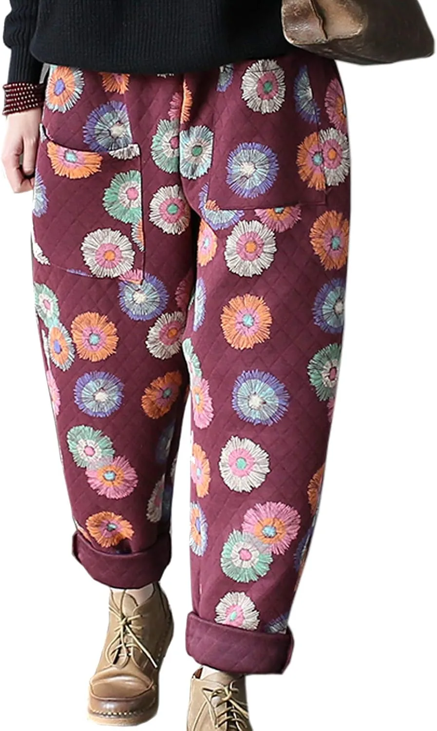 Flygo Womens High Waisted Floral Printed Loose Cropped Harem Pants