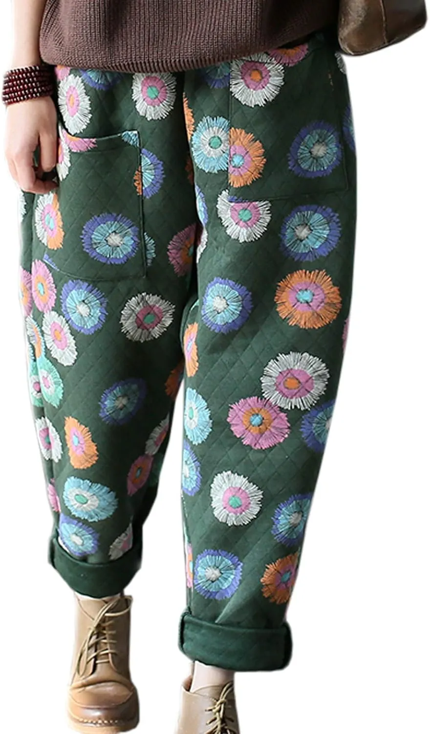 Flygo Womens High Waisted Floral Printed Loose Cropped Harem Pants