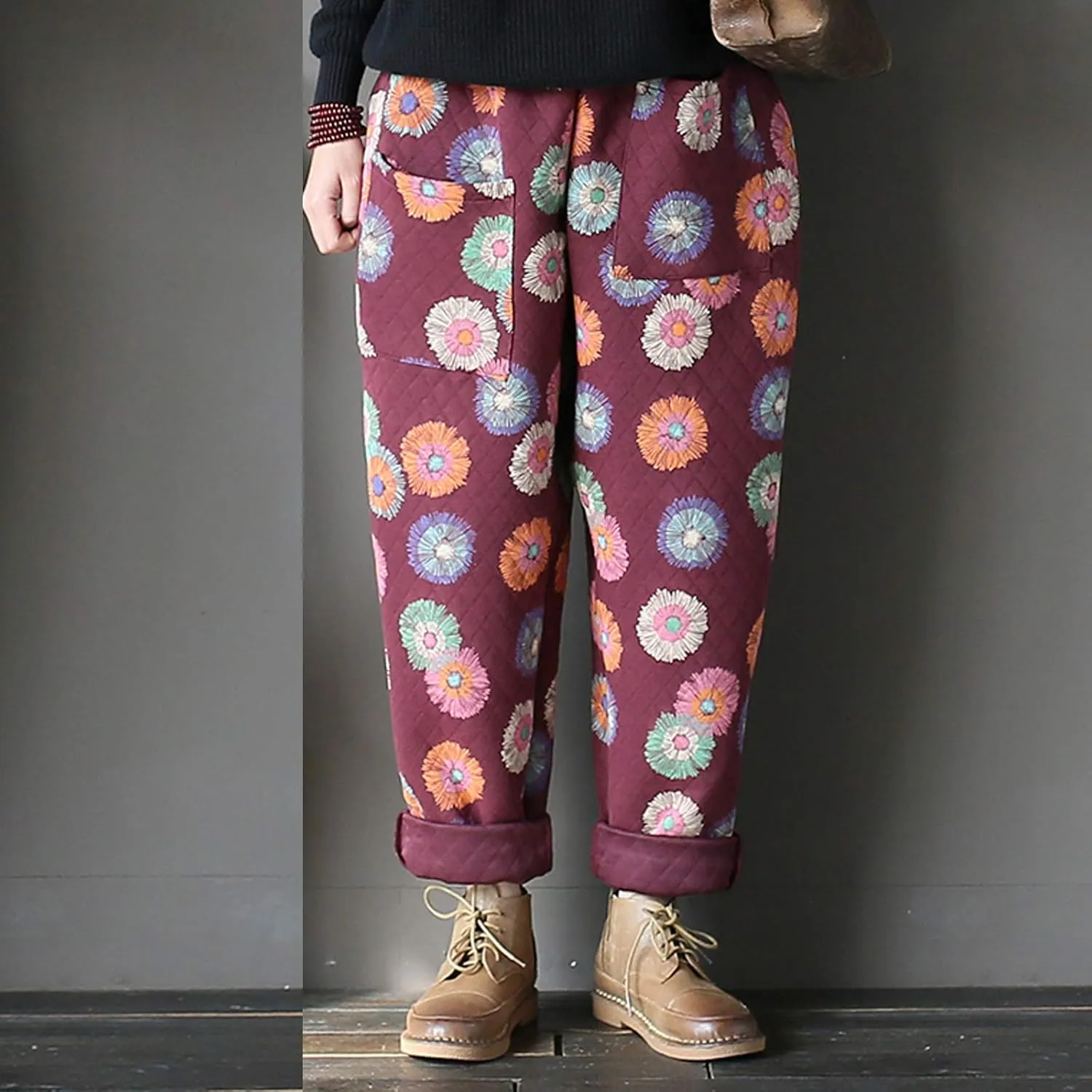 Flygo Womens High Waisted Floral Printed Loose Cropped Harem Pants