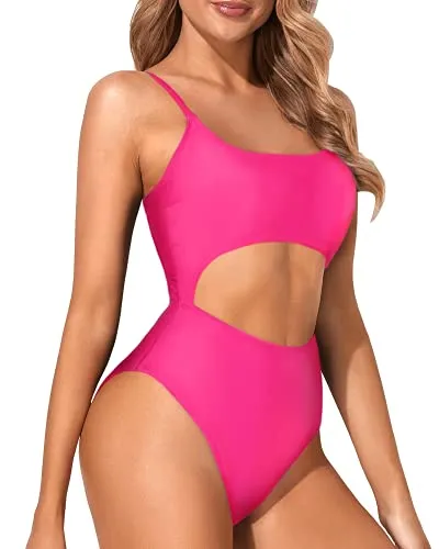 Front Cutout Back Cutout Sexy Cutout One Piece Swimsuits-Neon Pink
