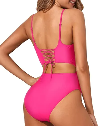 Front Cutout Back Cutout Sexy Cutout One Piece Swimsuits-Neon Pink