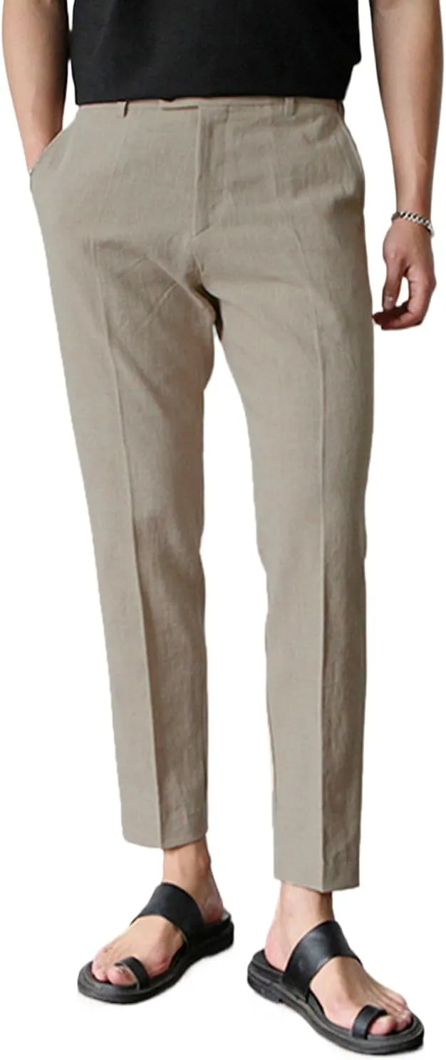GINGTTO Linen Pants Men Slim Fit Elastic Waistband Lightweight Summer Beach Fashion Casual Pant