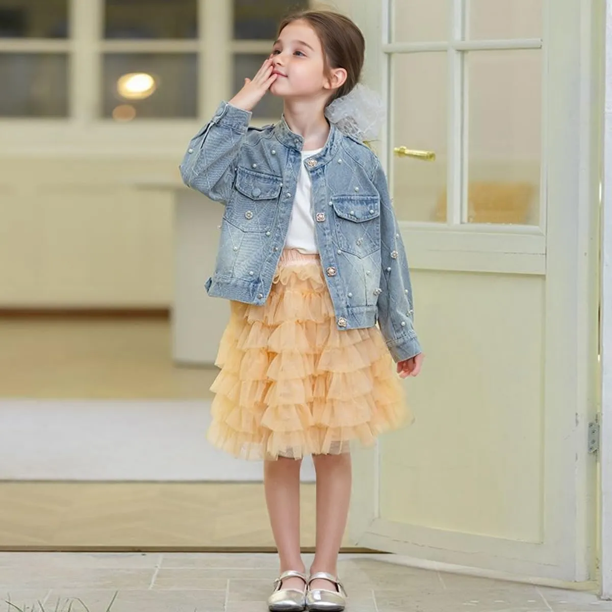 Girls' Classic Pearls Denim Jackets Kids Button Down Jeans Jacket Top Coat Outwear