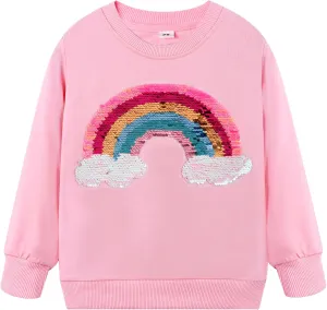 Girls Rainbow Sweatshirts Long Sleeve Crewneck Cotton Pink Sequin Shirt Toddler Fall Pullover Tops Kids Rainbow Sweaters 6T