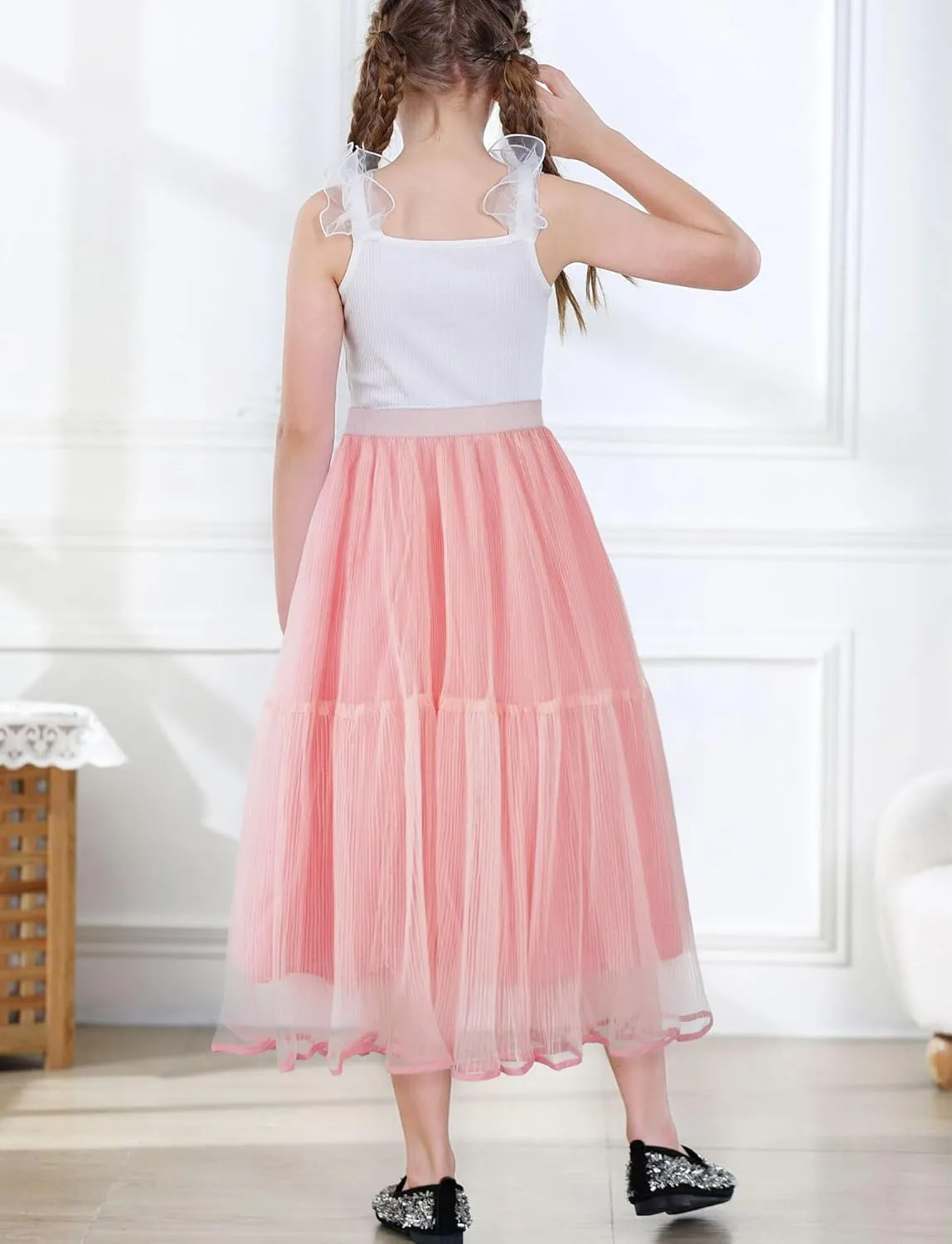 Girls Tulle Skirts Midi Elastic High Waist Pleated Mesh Flowy A-Line Party Long Tutu Skirts