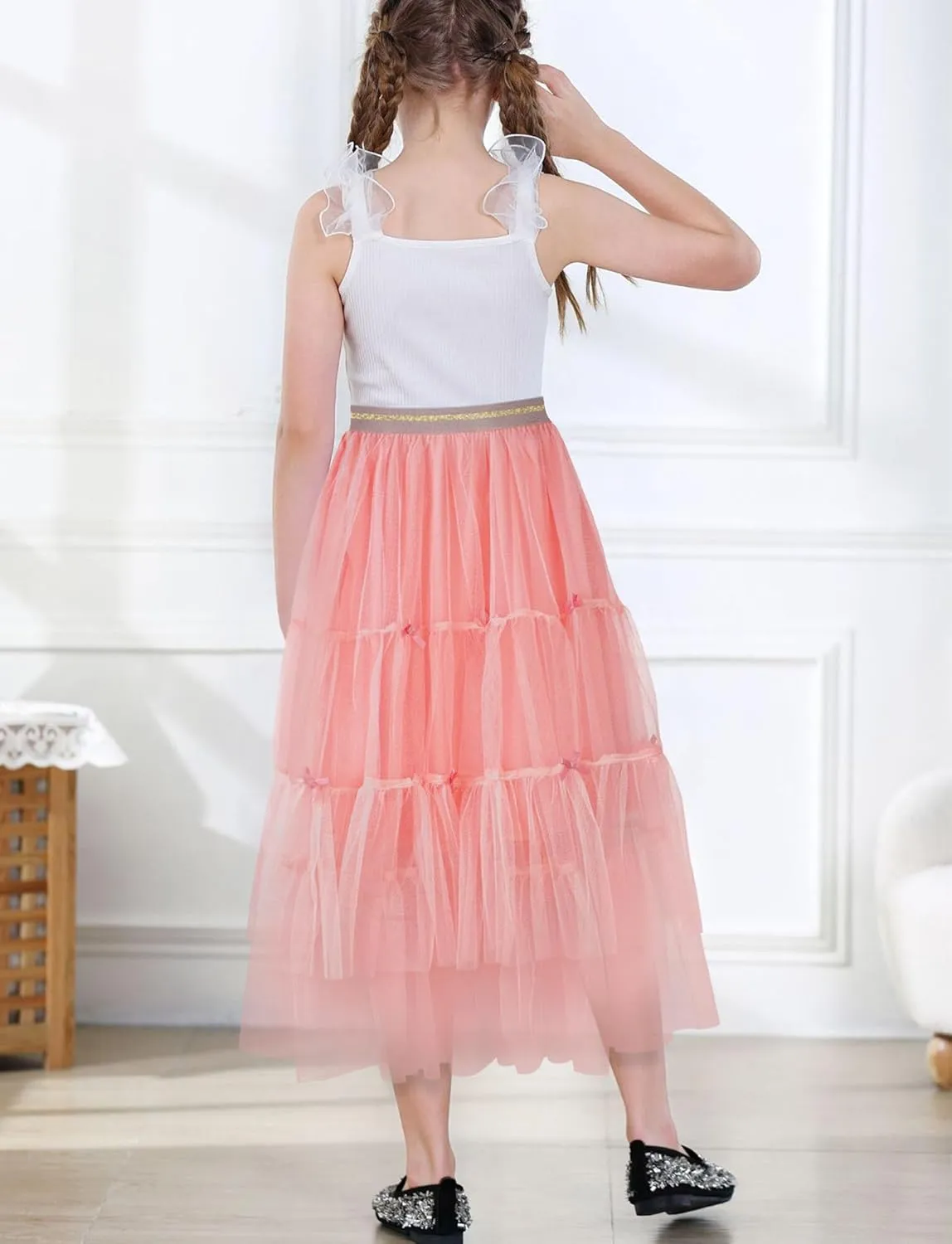 Girls Tulle Skirts Midi Elastic High Waist Pleated Mesh Flowy A-Line Party Long Tutu Skirts