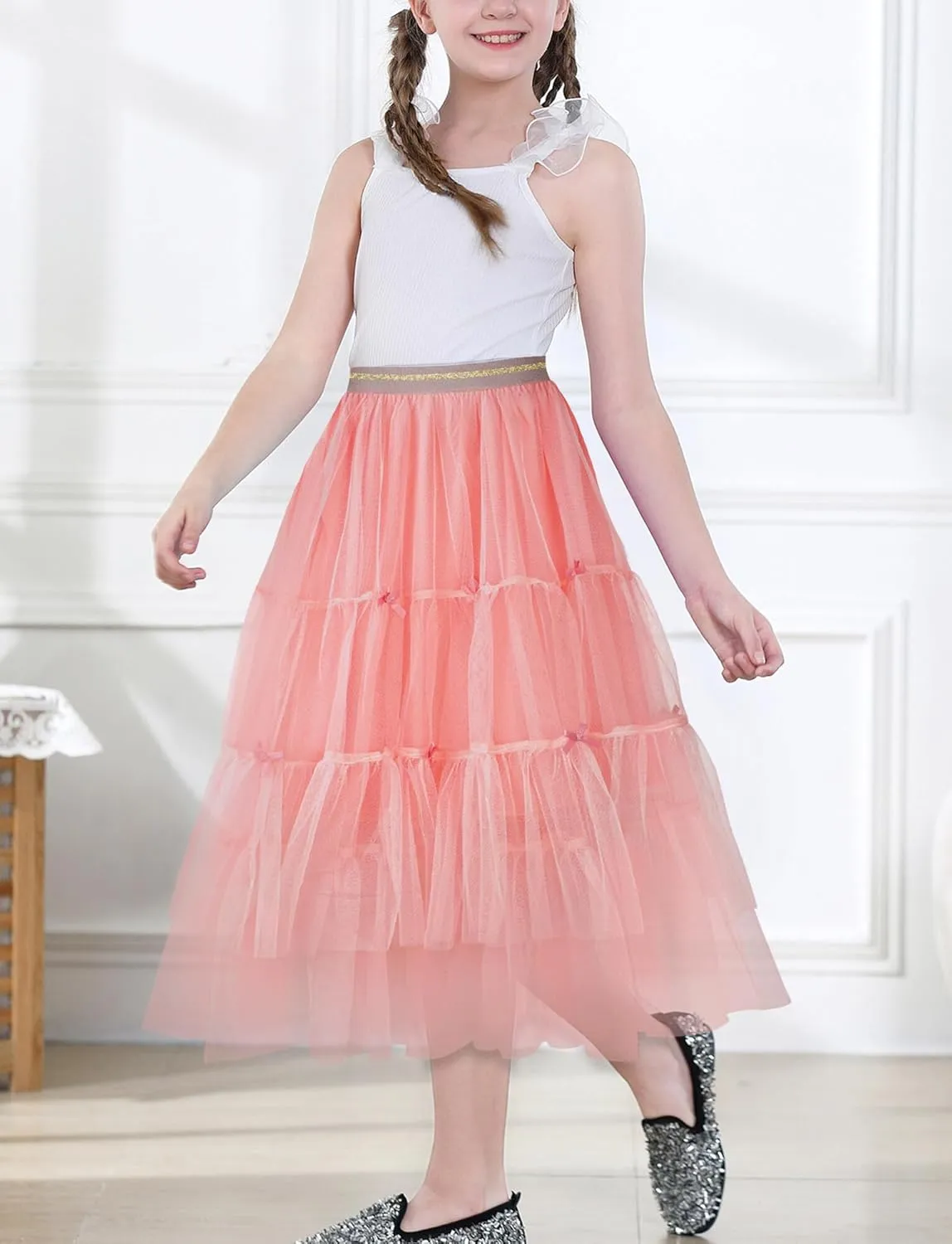 Girls Tulle Skirts Midi Elastic High Waist Pleated Mesh Flowy A-Line Party Long Tutu Skirts
