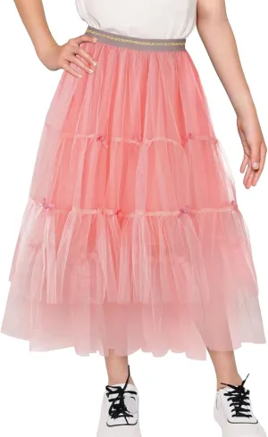 Girls Tulle Skirts Midi Elastic High Waist Pleated Mesh Flowy A-Line Party Long Tutu Skirts