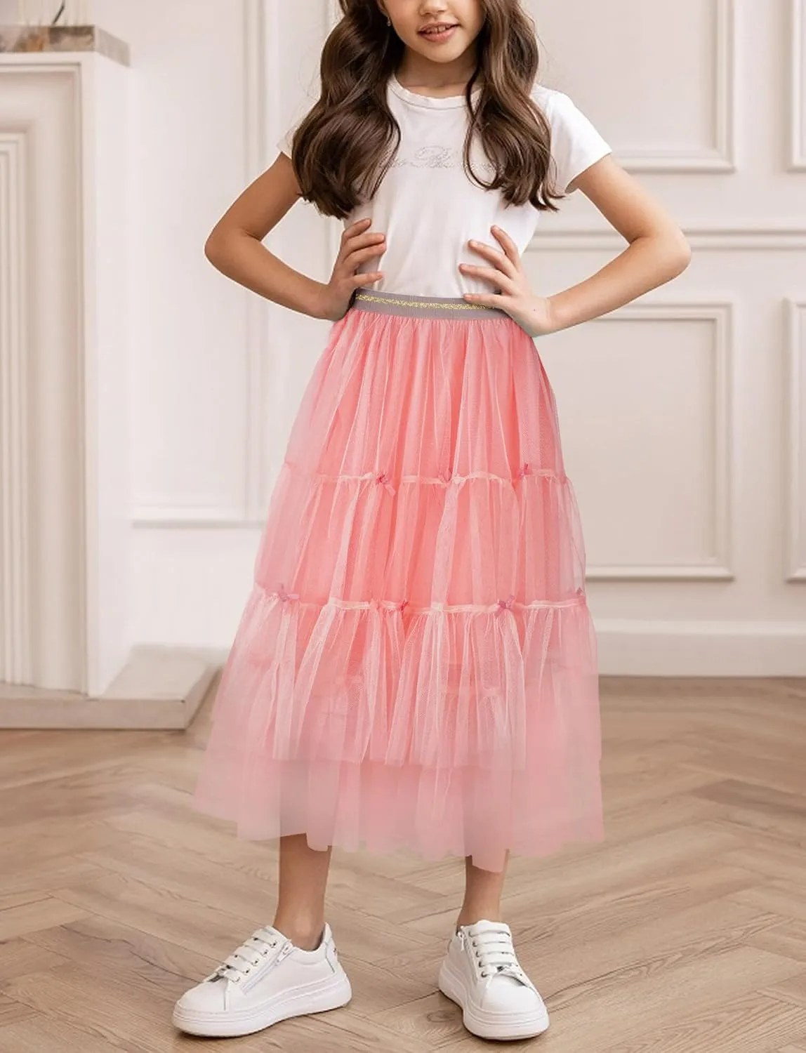 Girls Tulle Skirts Midi Elastic High Waist Pleated Mesh Flowy A-Line Party Long Tutu Skirts