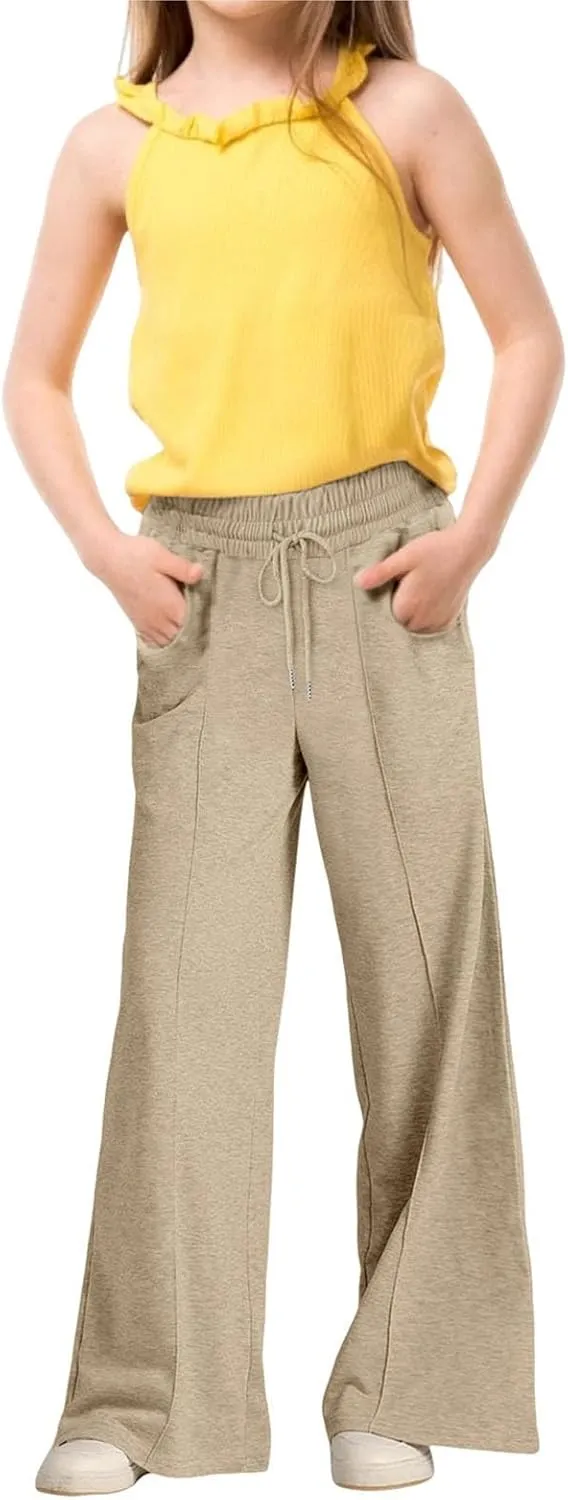 Girls' Wide Leg Sweatpants High Elastic Waist Pants rawstring Casual Straight Leg Jogger Swearpants with Pocket