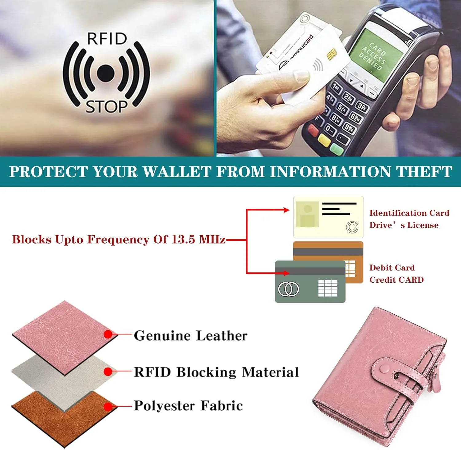 GOIACII Small Wallet Women Rfid Blocking Genuine Leather Compact Bifold Card Holder for Women with Zipper Coin Pocket 2 ID Windows