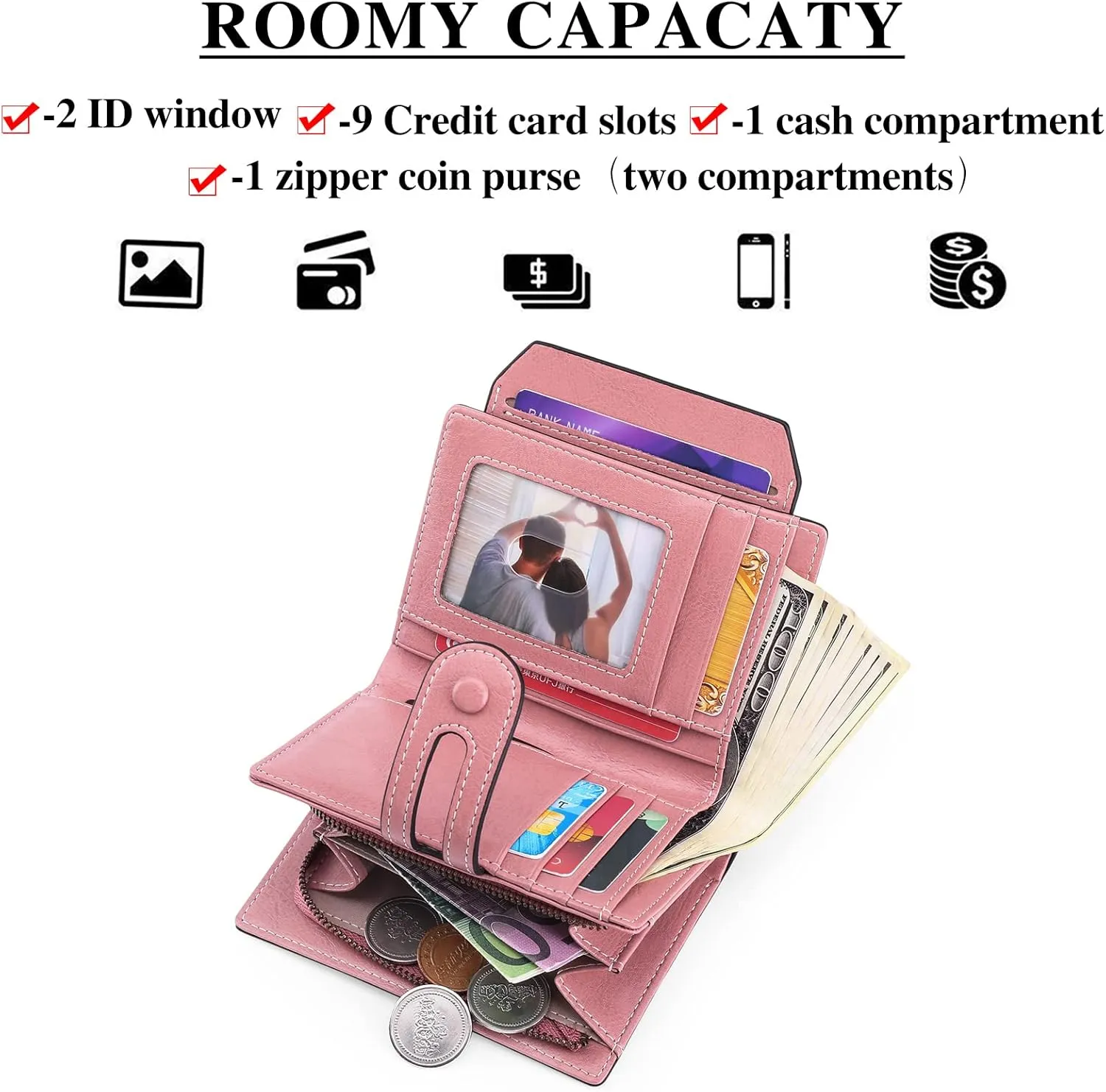 GOIACII Small Wallet Women Rfid Blocking Genuine Leather Compact Bifold Card Holder for Women with Zipper Coin Pocket 2 ID Windows