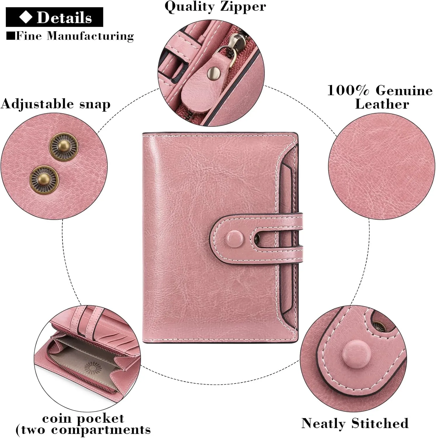 GOIACII Small Wallet Women Rfid Blocking Genuine Leather Compact Bifold Card Holder for Women with Zipper Coin Pocket 2 ID Windows
