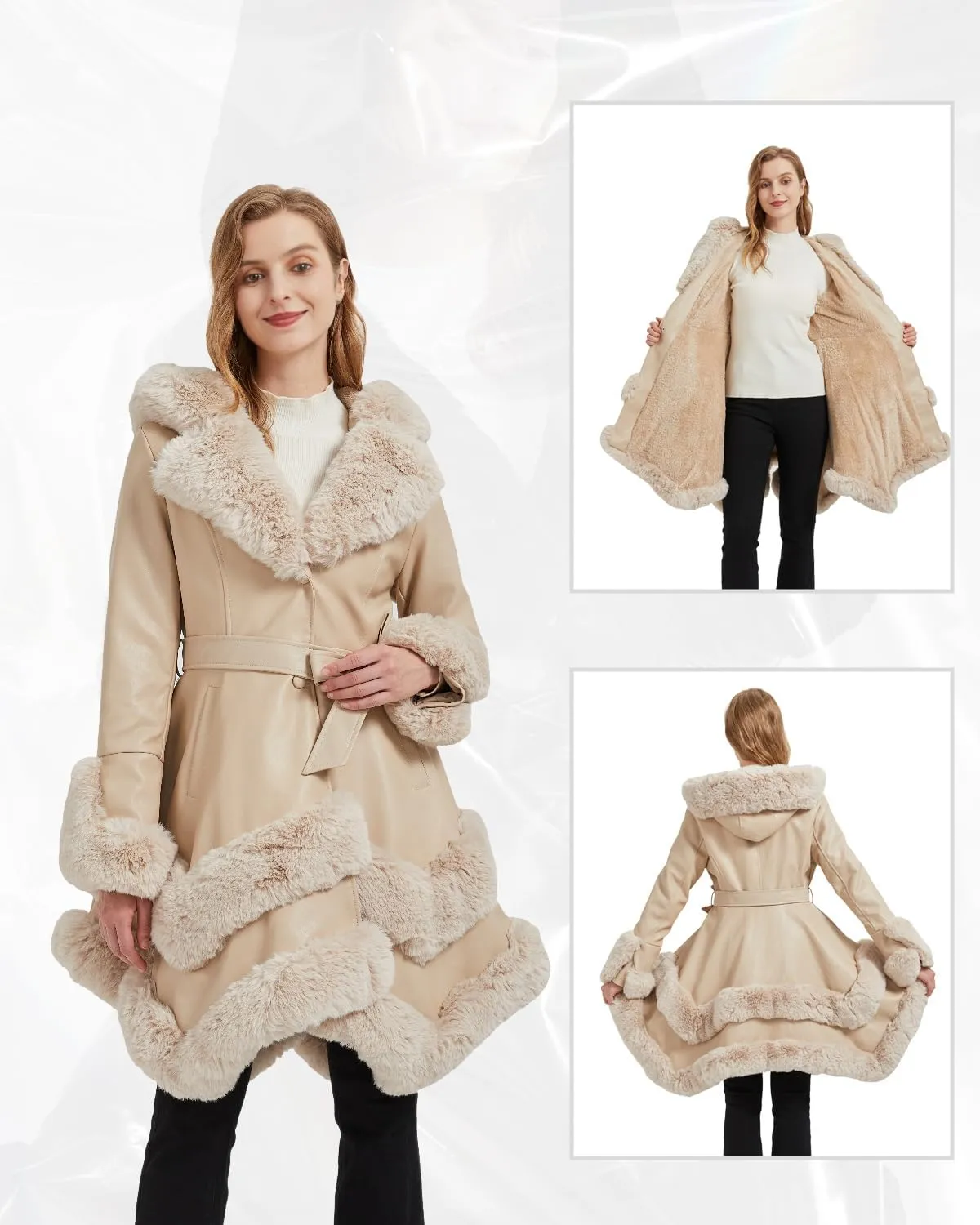 GRAN ORIENTE Fashion Faux Leather and Fur Jacket,Winter Sexy Collar Parka Coat Dress for Women with Belt and Hood
