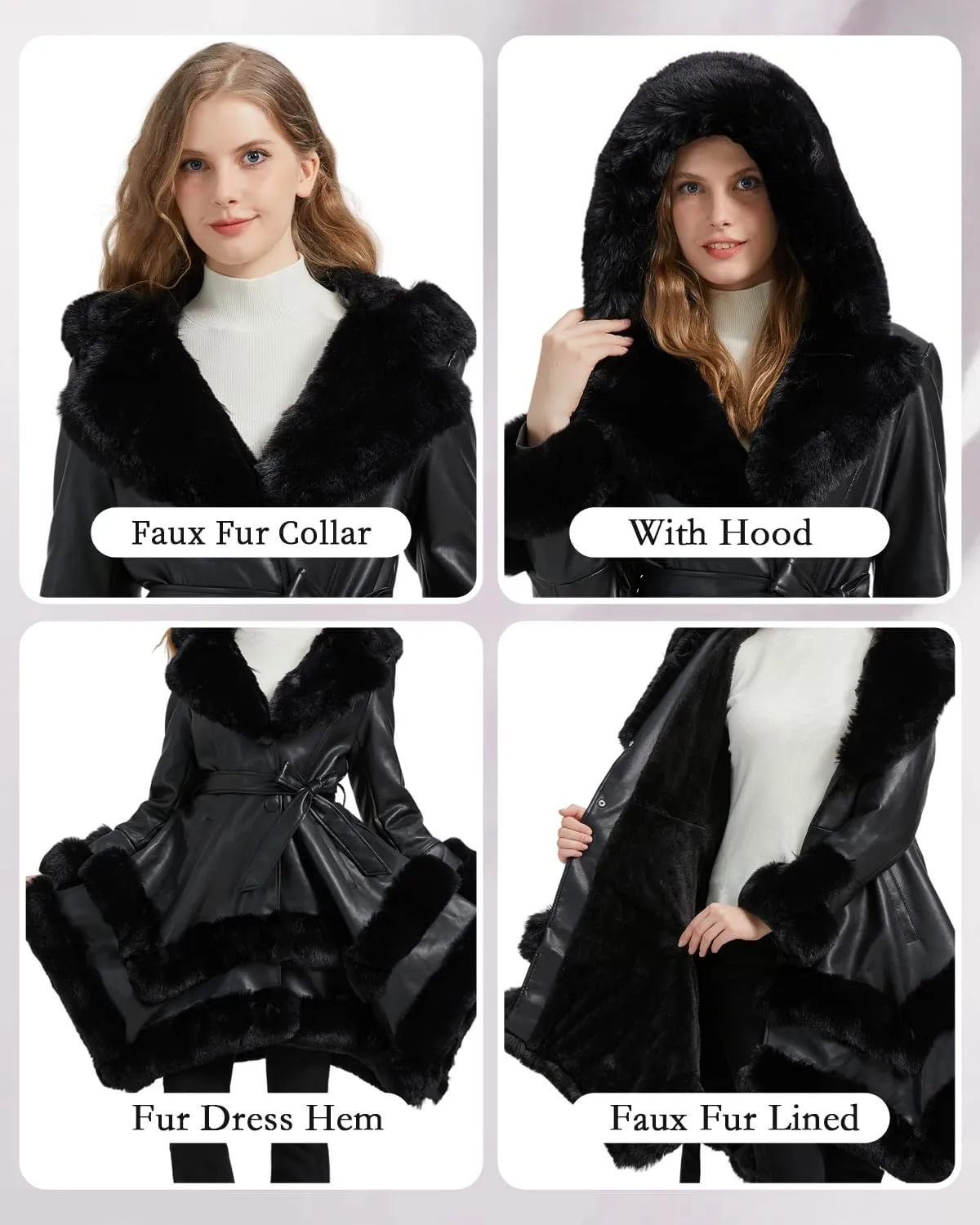 GRAN ORIENTE Fashion Faux Leather and Fur Jacket,Winter Sexy Collar Parka Coat Dress for Women with Belt and Hood
