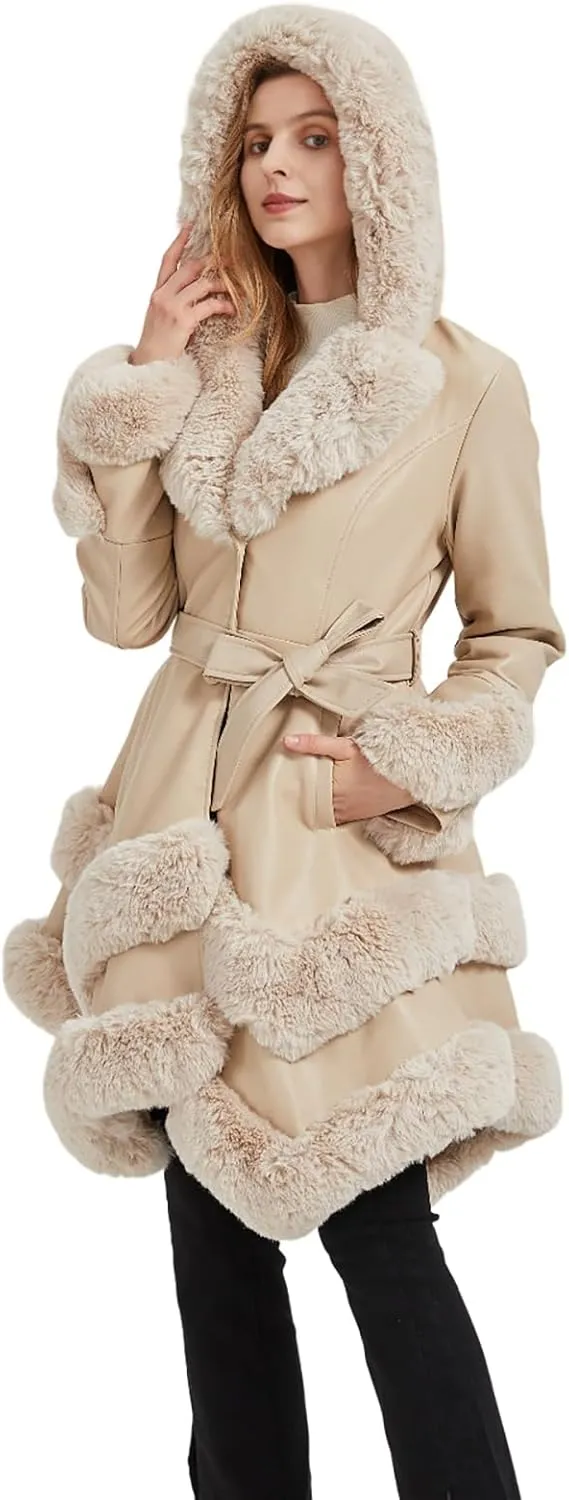 GRAN ORIENTE Fashion Faux Leather and Fur Jacket,Winter Sexy Collar Parka Coat Dress for Women with Belt and Hood
