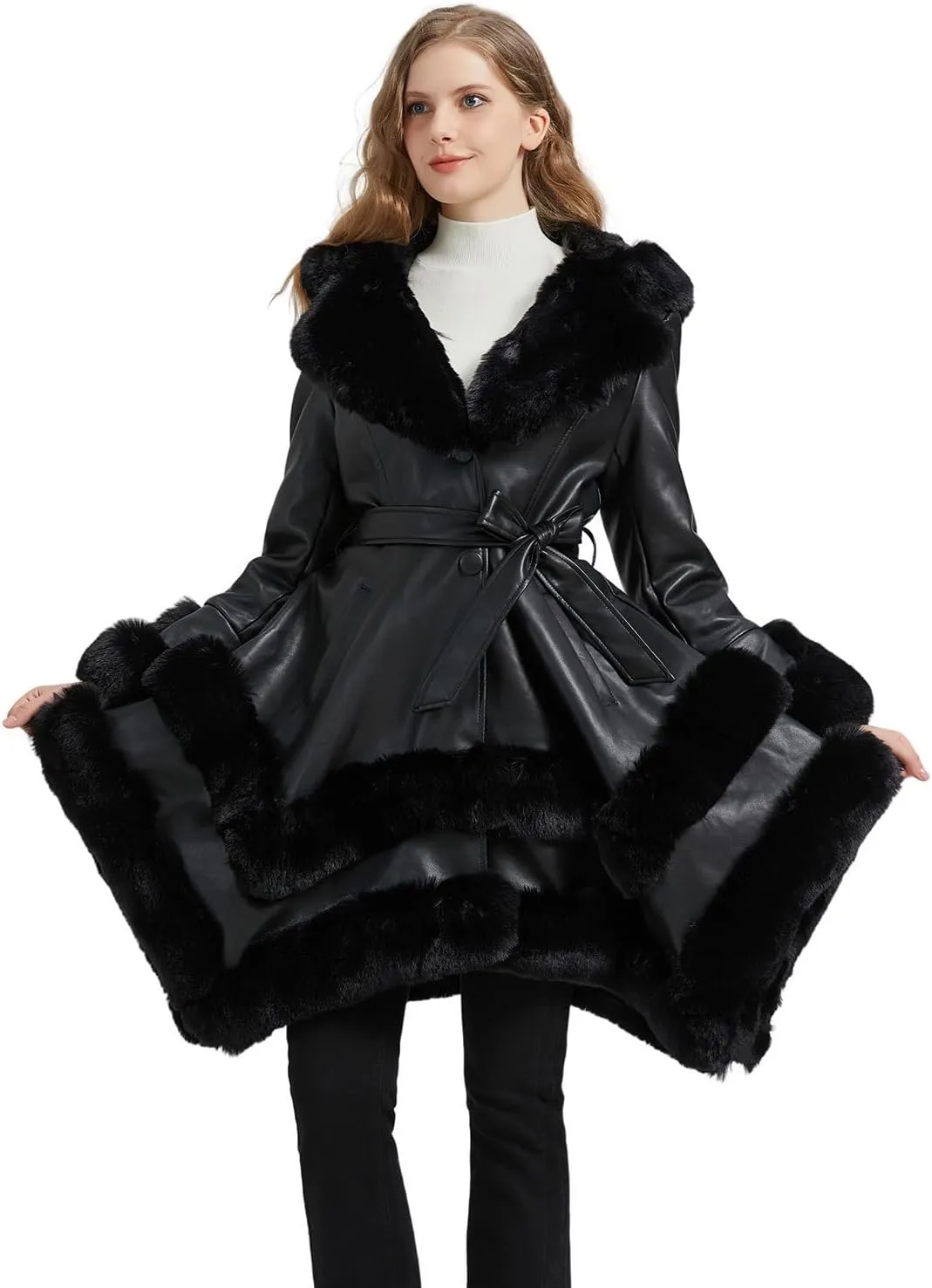 GRAN ORIENTE Fashion Faux Leather and Fur Jacket,Winter Sexy Collar Parka Coat Dress for Women with Belt and Hood