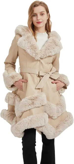 GRAN ORIENTE Fashion Faux Leather and Fur Jacket,Winter Sexy Collar Parka Coat Dress for Women with Belt and Hood