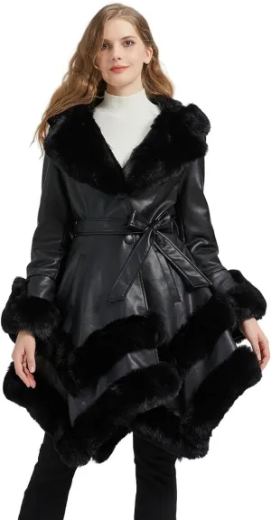 GRAN ORIENTE Fashion Faux Leather and Fur Jacket,Winter Sexy Collar Parka Coat Dress for Women with Belt and Hood