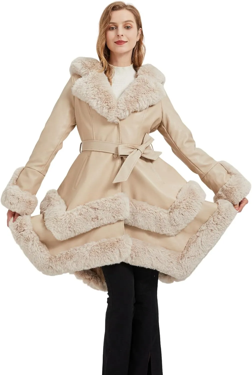 GRAN ORIENTE Fashion Faux Leather and Fur Jacket,Winter Sexy Collar Parka Coat Dress for Women with Belt and Hood