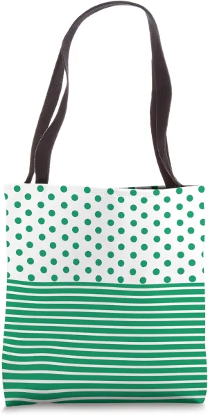 Green White Polka Dot and Striped Aesthetic Preppy Cute Boho Tote Bag