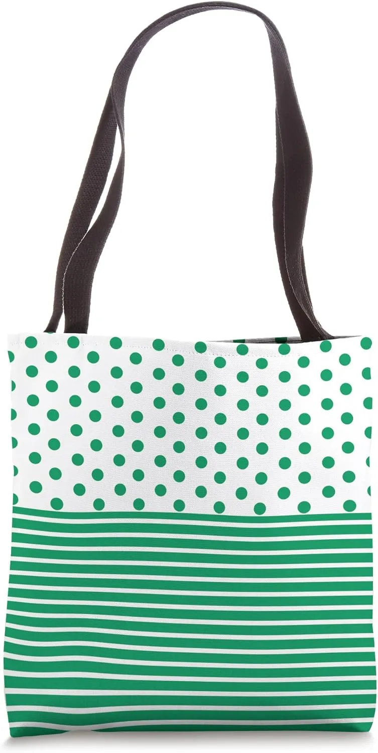 Green White Polka Dot and Striped Aesthetic Preppy Cute Boho Tote Bag