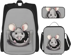 Grey rat Backpack set (3-piece set) - student school bag   pencil case   lunch bag, large capacity backpack