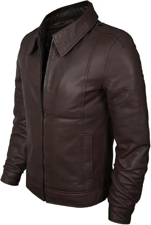 H&D Clothing Men's Black Real Lambskin Jacket Men's Brown Leather Jacket Collared Zip-Up Military Style