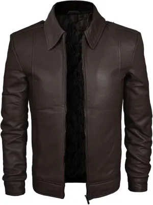 H&D Clothing Men's Black Real Lambskin Jacket Men's Brown Leather Jacket Collared Zip-Up Military Style