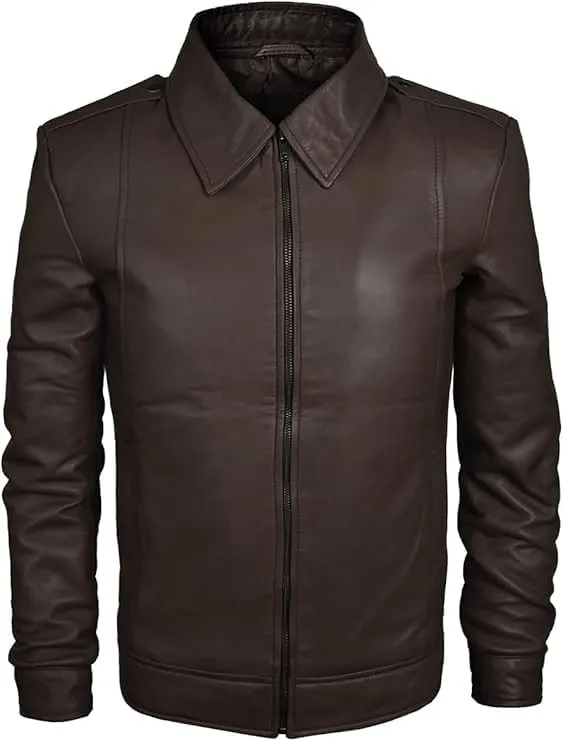 H&D Clothing Men's Black Real Lambskin Jacket Men's Brown Leather Jacket Collared Zip-Up Military Style