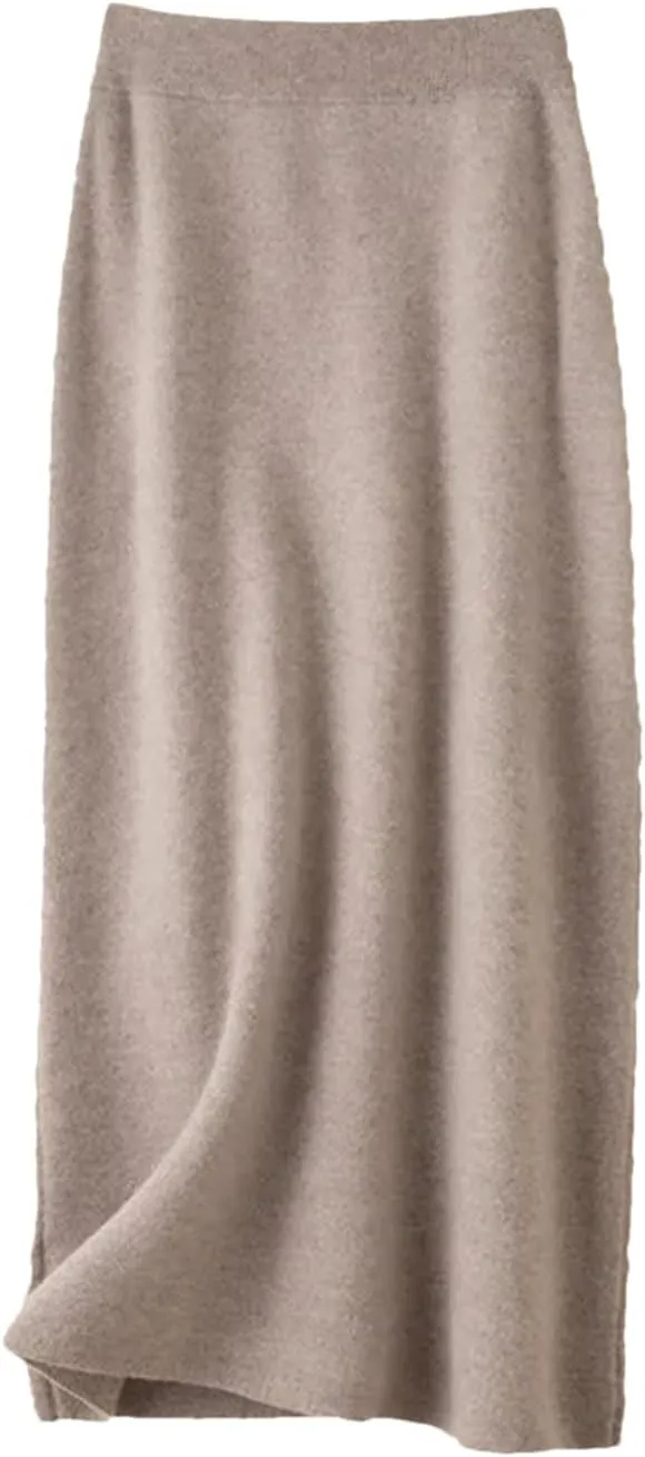 Hcclijo Korean Style Winter Cashmere Knitted Long Skirt for Women Mid-Length High-Waisted A-Line Skirt