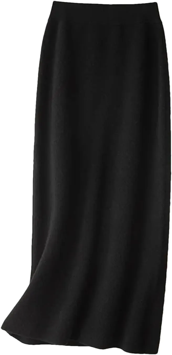 Hcclijo Korean Style Winter Cashmere Knitted Long Skirt for Women Mid-Length High-Waisted A-Line Skirt