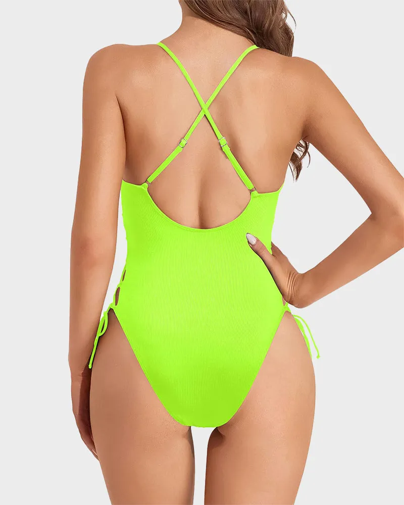 High Cut Lace-Up Swimsuit with Deep V Plunge Neckline