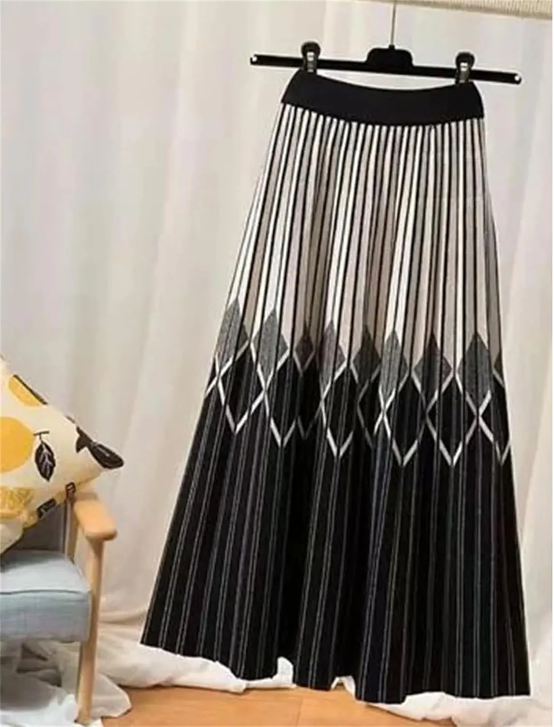 High Waist Knitted Skirt Women's Striped Pleated A-Line Skirt Elastic Waist