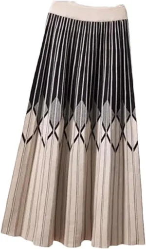 High Waist Knitted Skirt Women's Striped Pleated A-Line Skirt Elastic Waist
