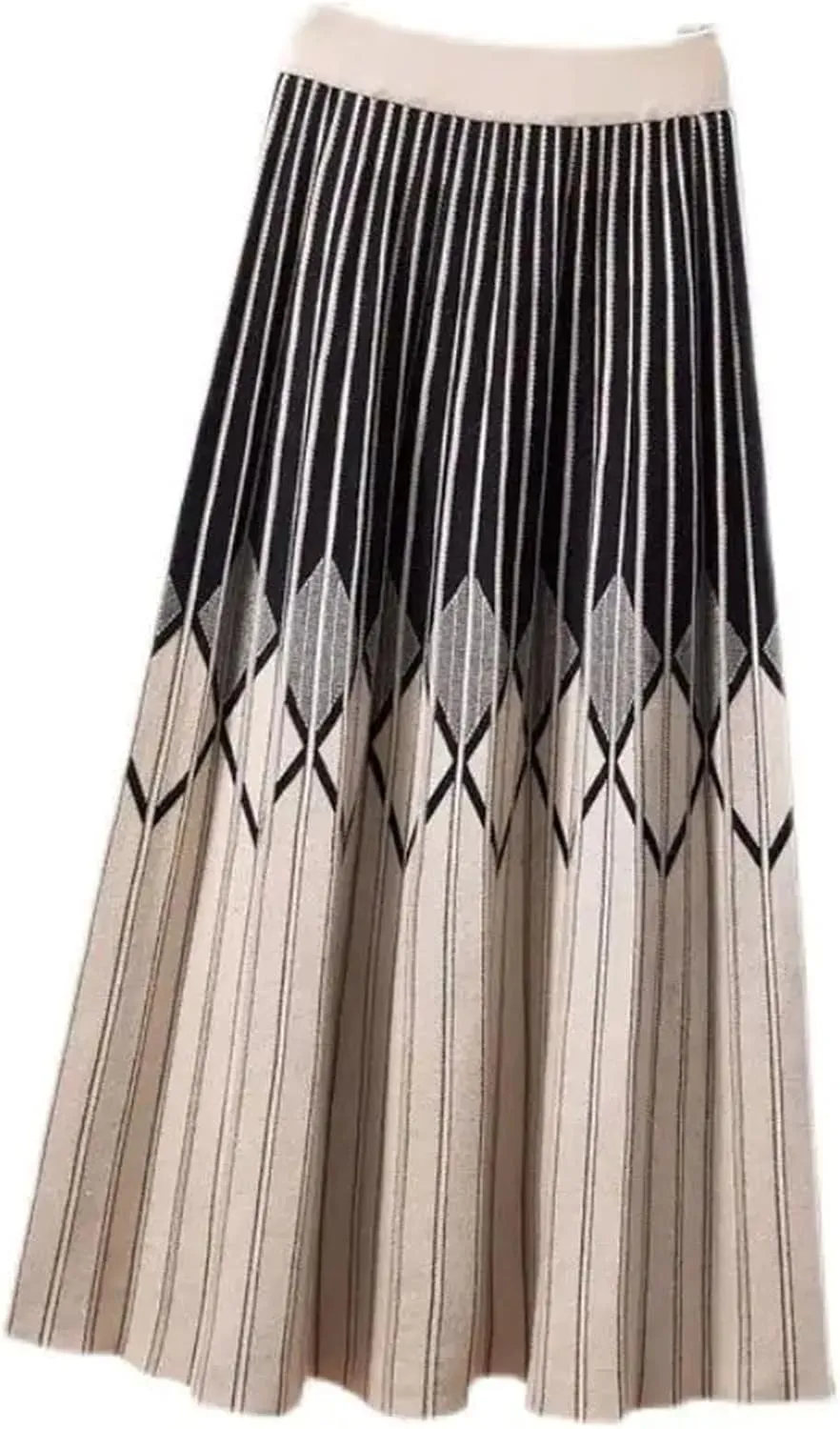 High Waist Knitted Skirt Women's Striped Pleated A-Line Skirt Elastic Waist