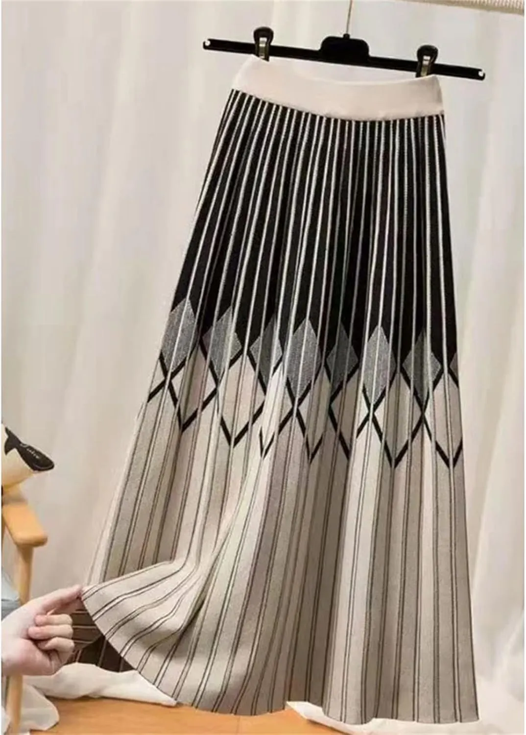 High Waist Knitted Skirt Women's Striped Pleated A-Line Skirt Elastic Waist