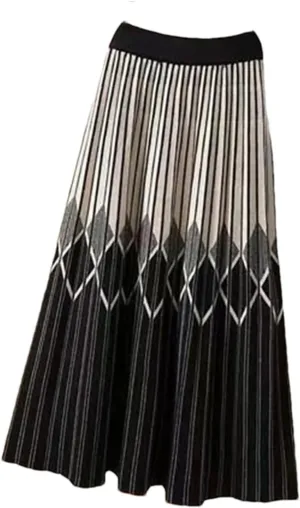 High Waist Knitted Skirt Women's Striped Pleated A-Line Skirt Elastic Waist