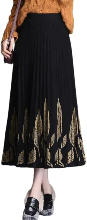 Hndudnff Elastic High Waist Pleated A-Line Skirts for Women Printing Thicken Knitted Midi Skirt