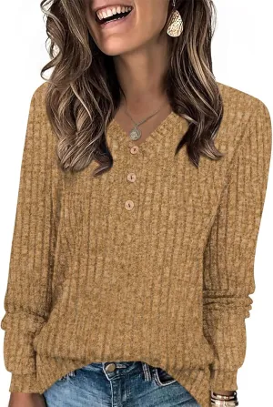 HOTGIFT Sweaters for Womens Winter Long Sleeve V Neck Shirts Casual Loose Fall Fashion Pullover Clothes