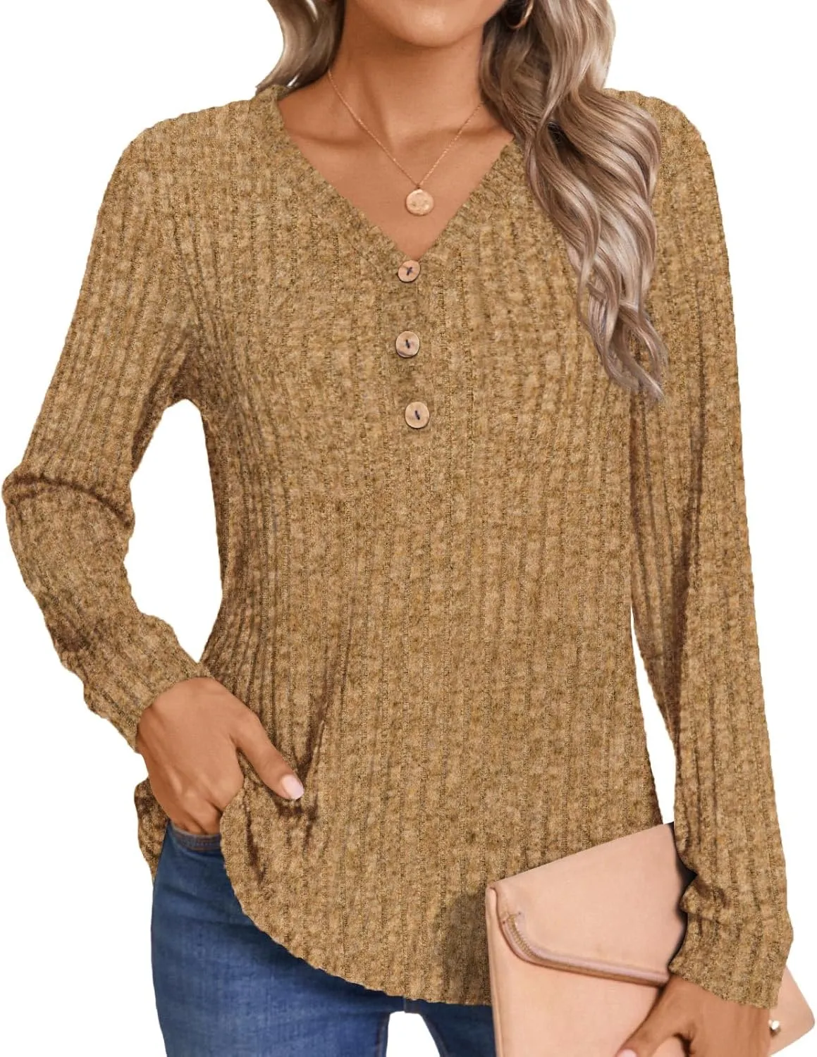 HOTGIFT Sweaters for Womens Winter Long Sleeve V Neck Shirts Casual Loose Fall Fashion Pullover Clothes