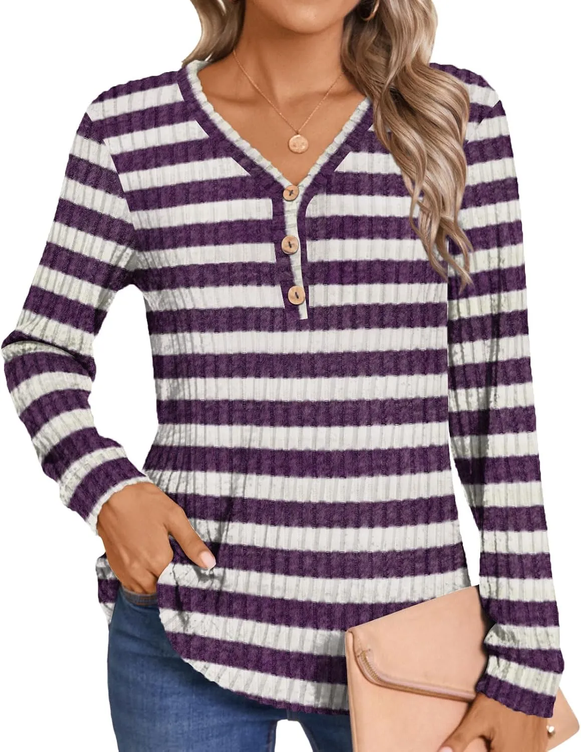 HOTGIFT Sweaters for Womens Winter Long Sleeve V Neck Shirts Casual Loose Fall Fashion Pullover Clothes