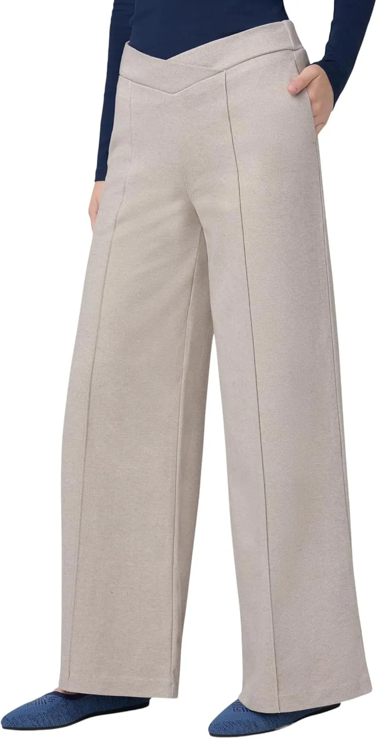 HUE Women's Pull on Wide Comfort Knit Crossover High Waist, Dress Casual Flare Leg Pants