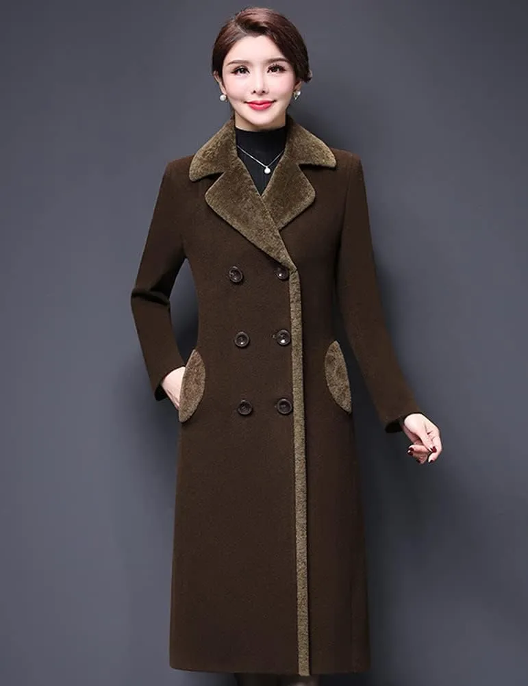 IDEALSANXUN Fur Collar Wool Coats for Women Double Breasted Long Peacoat Jackets