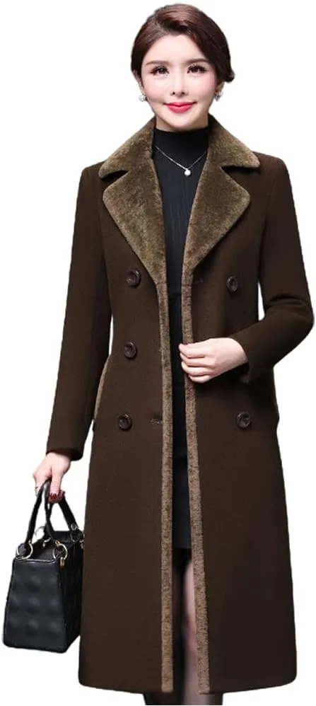 IDEALSANXUN Fur Collar Wool Coats for Women Double Breasted Long Peacoat Jackets